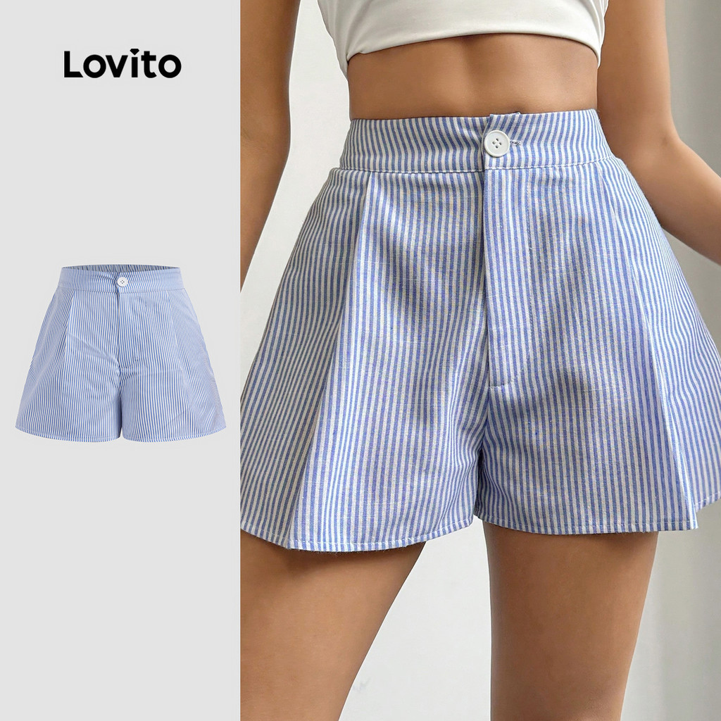 Lovito Casual Listrado Zíper Botão Short para Mulheres L123ED202 - Women Clothes
