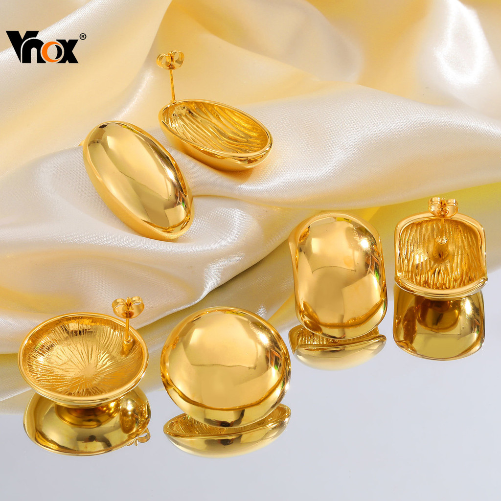 Brinco Oval Redondo Geométrico Vnox Para Mulheres , À Prova D'água Inoxidável Em Ouro 18k , Presente De Joias Da Moda