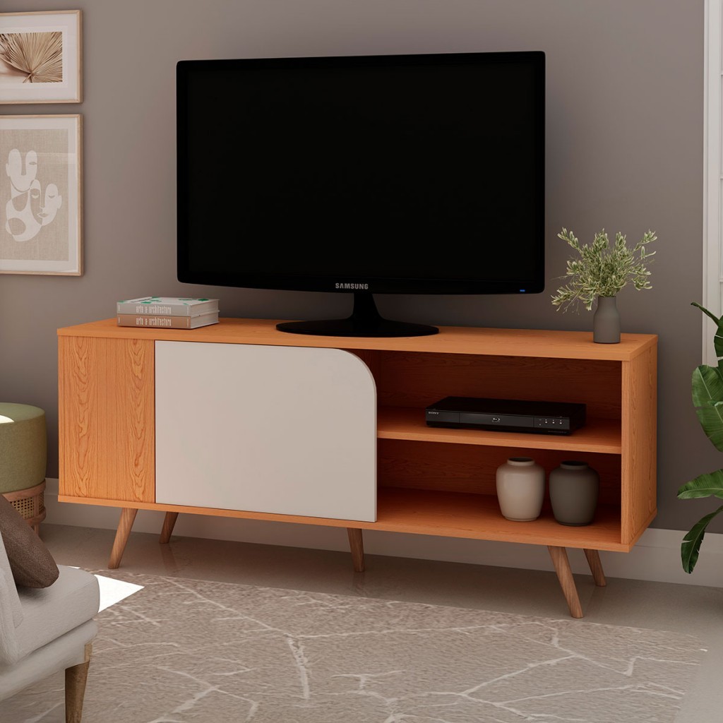 Rack para TV Até 50 Polegadas Orlando 1 Porta Cinamomo/Off White Fosco - Genialflex em Oferta na Shopee
