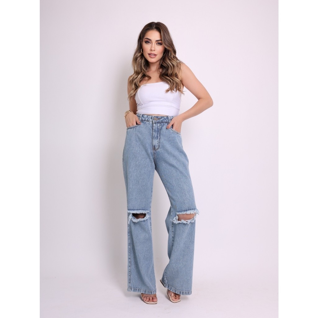 Calça Wide Leg Jeans Rasgado Pantalona Feminina Destroyed TECDIO SEM ELASTANO 100 POR CENTO DENIM