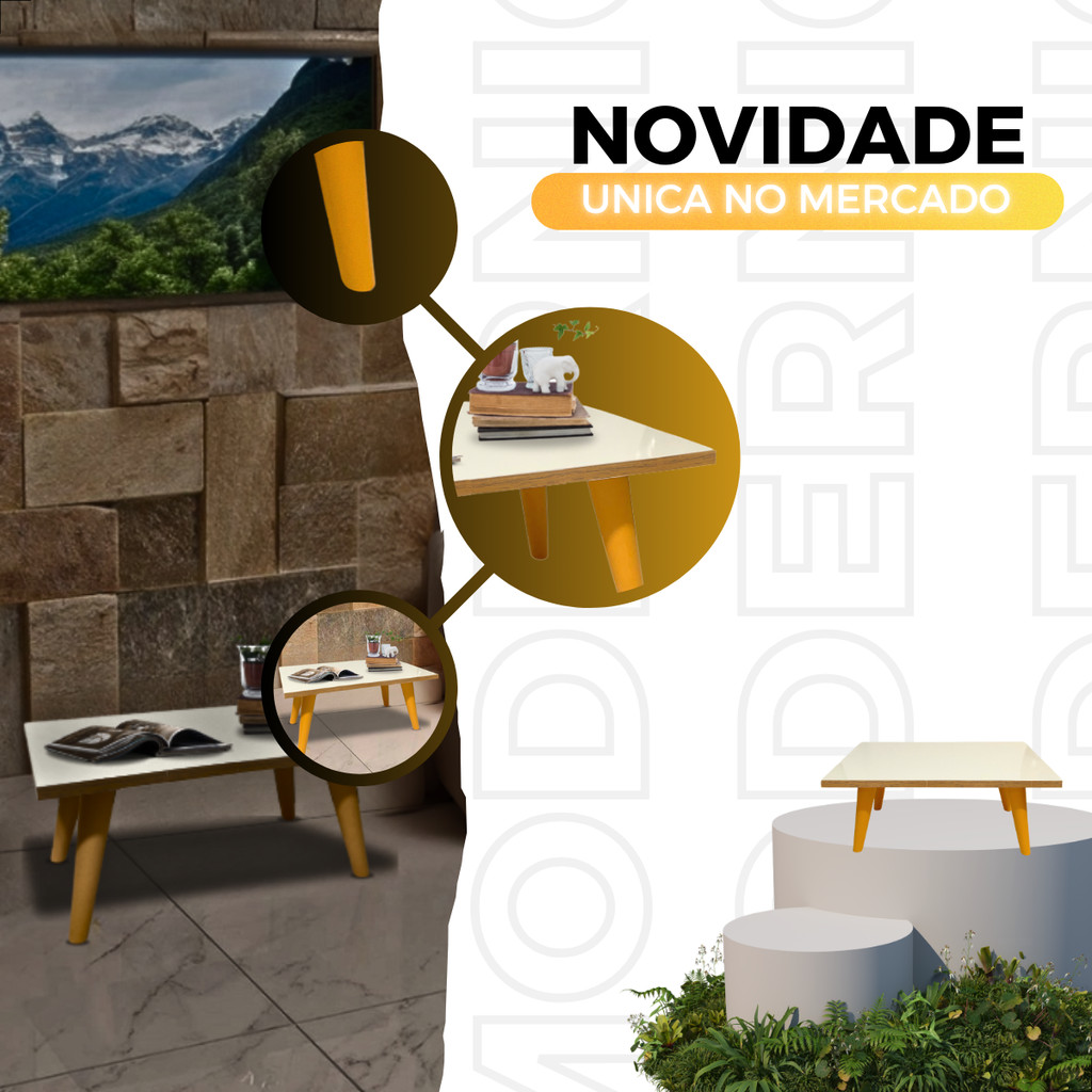 Mesa Retangular De Centro 50cm Com Pés Palito PVC Retro Decoração Sala De Estar Modernic