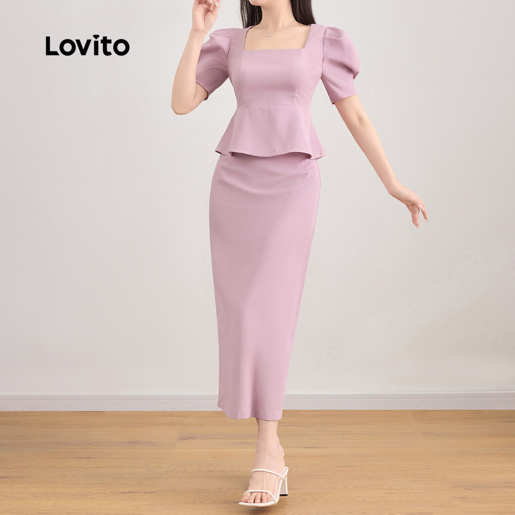 Detalhes do Lovito Tops ou calças femininas elegantes com babados lisos L121AD1237