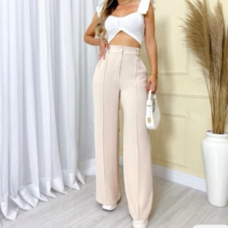 Calça Pantalona Crepe Duna Premium Wide Leg Estilo Alfaiataria