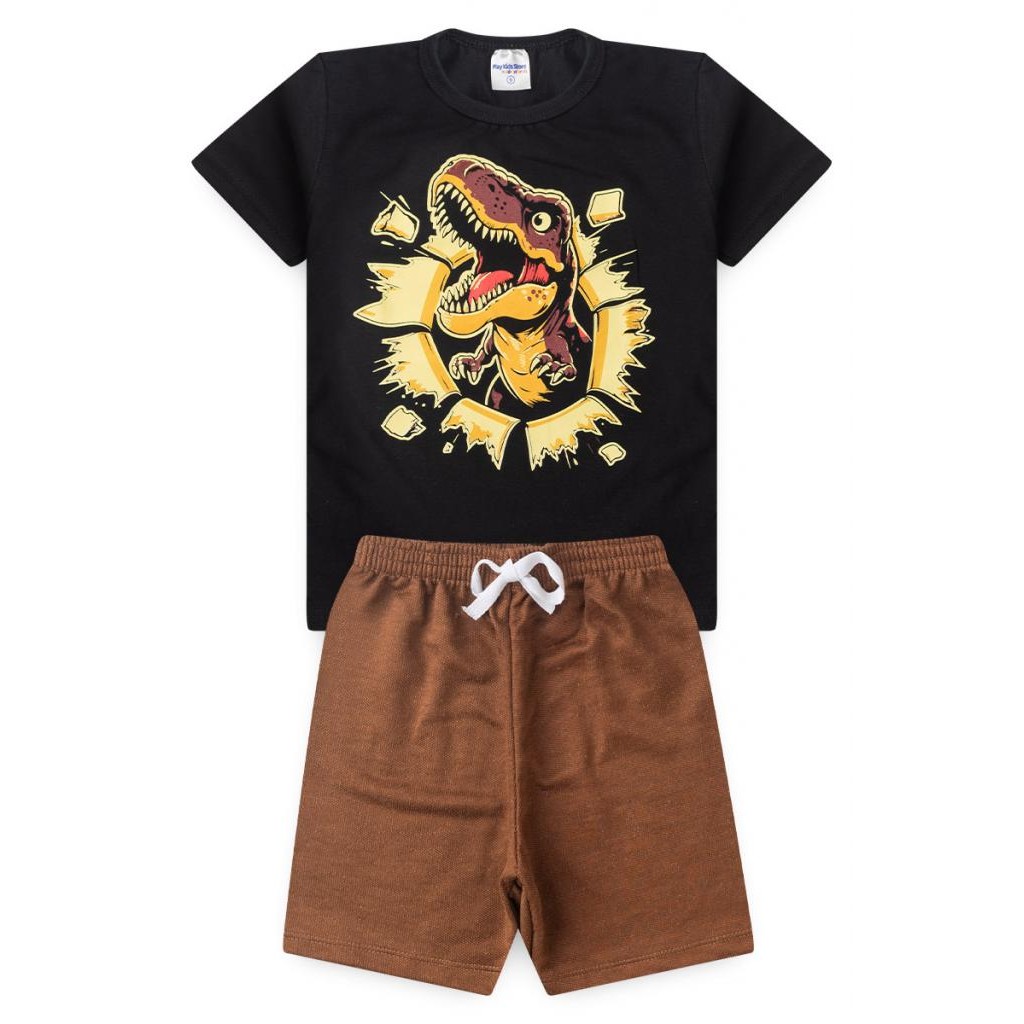 Conjunto Infantil Masculino Verão – Camiseta com Estampa de Dinossauro e Bermuda em 100% Algodão