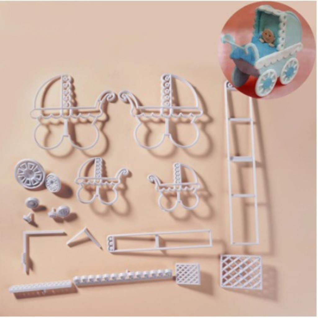 Kit Cortador Molde Marcador Chá de Bebê Carrinho de Bebê Biscuit Pasta Americana Confeitaria
