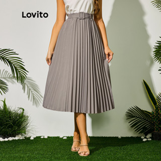 Lovito Elegante Saia Feminina Lisa Plissada com Cinto e Fecho Lateral LBL09016