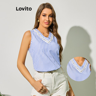 Lovito Boho Blusa Feminina Listrada com Renda e Gola de Contraste LBL09259
