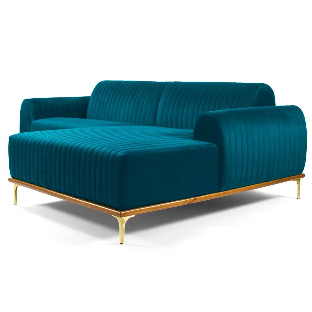 Sofá 245cm 4 Lugares com Chaise Direito Pés Gold Molino C-66 Veludo Turquesa - Domi