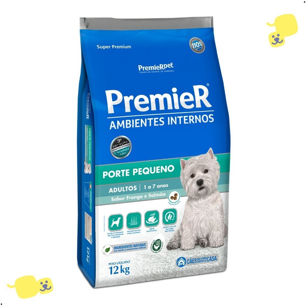 Ração Premier Ambientes Internos 12Kg Cães Adultos Porte Pequeno Alimento Sabor Frango e Salmão
