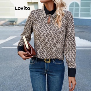 Lovito Blusa elegante de renda guingão contrastante para mulheres LNL54234