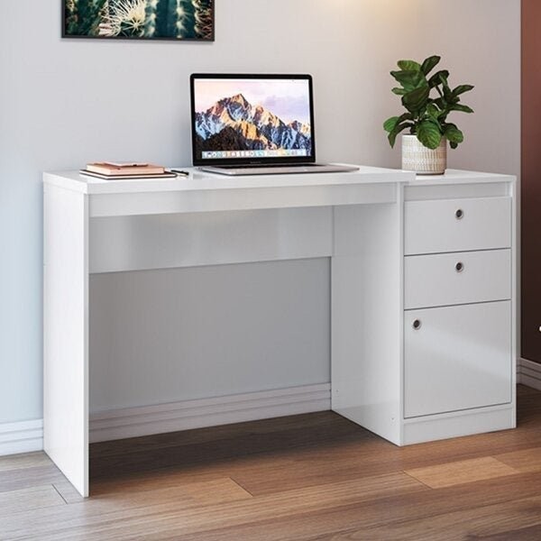 Escrivaninha 2 Gavetas 1 Porta 127cm Moderna em MDP Branca Guaili Branco em Oferta na Shopee