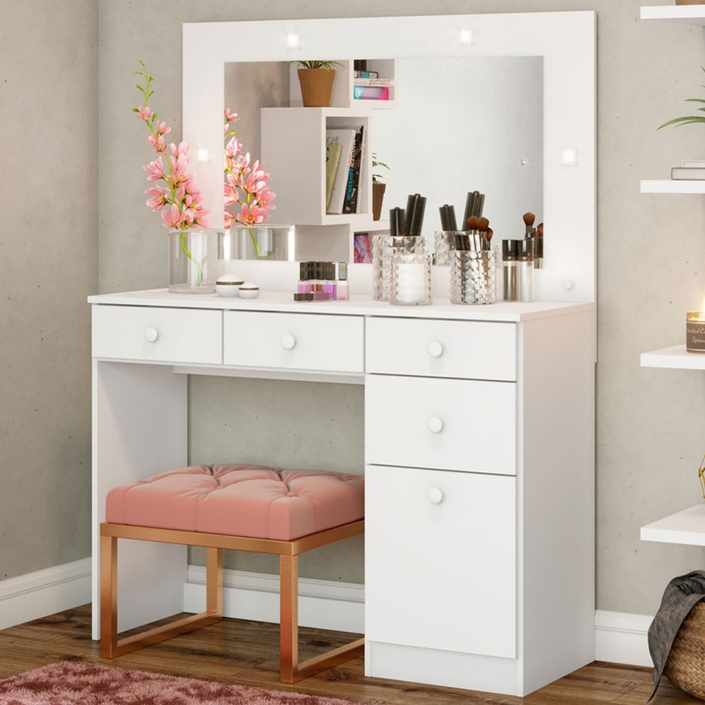 Penteadeira Charme 1 Porta 4 Gavetas com Espelho Branco Hp - Henn em Oferta na Shopee