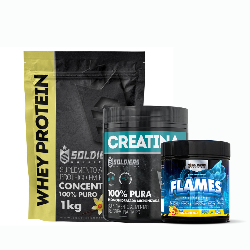 Kit: Whey Protein Concentrado 1kg + Creatina 300g + Pré Treino Flames 200g Soldiers Nutrition Força Performance em Oferta na Shopee