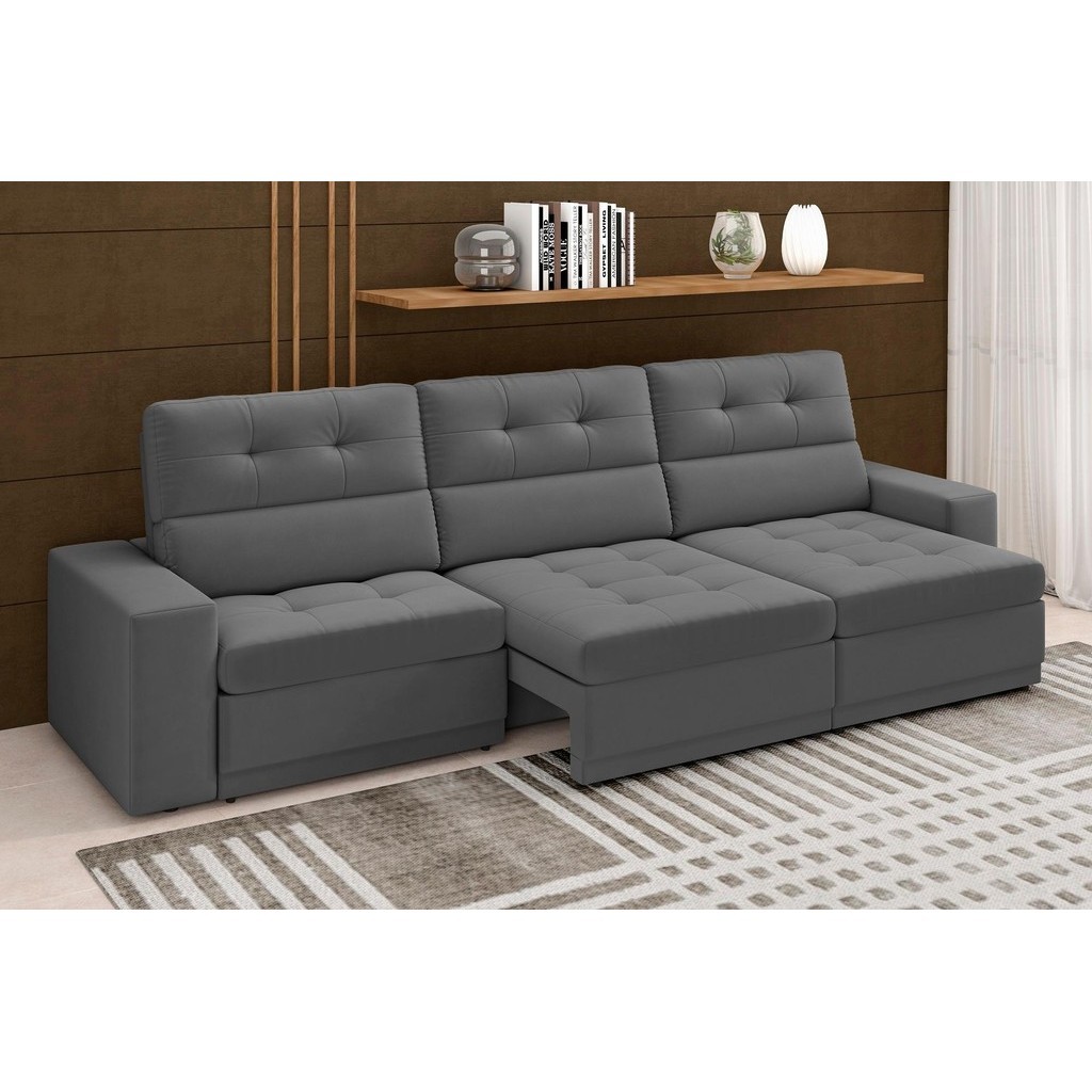 Sofá Roma Premium 2,30m Assento Retrátil/Reclinável Suede Cinza XFlex Sofás