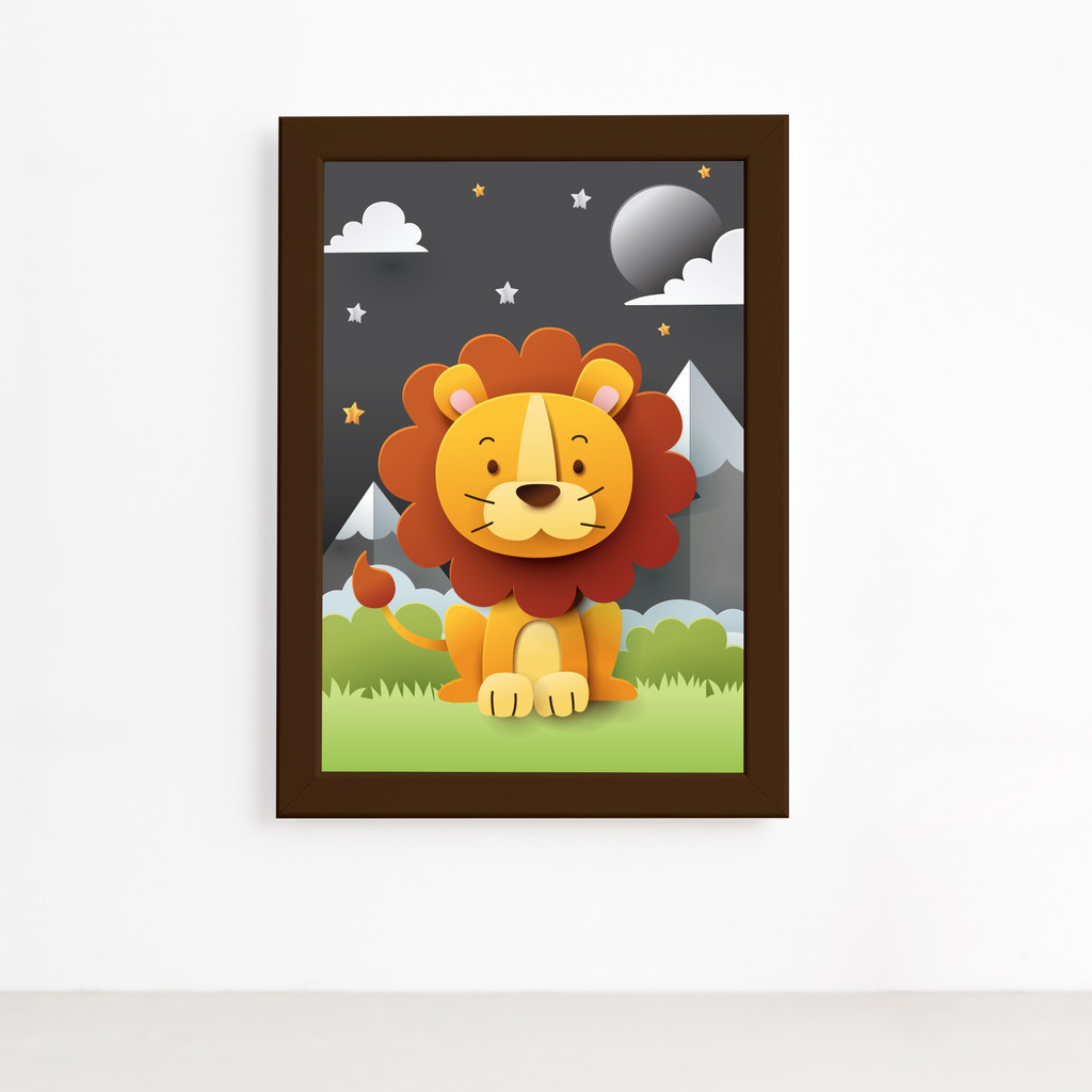 Quadro Infantil Safari Feliz Leão Céu Estrelado Marrom 22x32