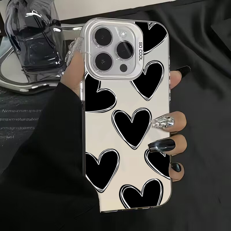 Arte Amor Coração Caso De Telefone Para iPhone 16 17 11 13 15 14 12 Pro Max 16e XR X XS 7 8 Plus Prata Duro IMD Capa