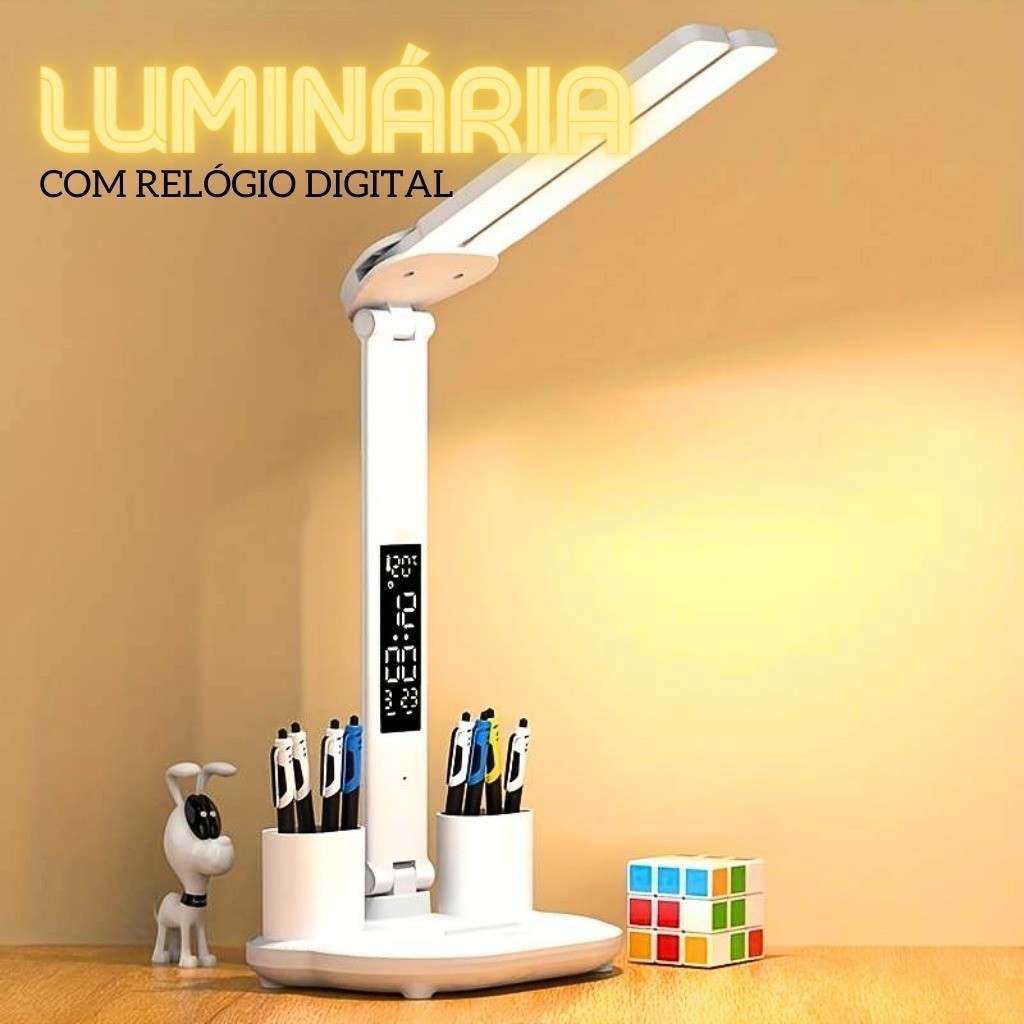 Luminária Led de Mesa Com Relógio Digital Com 3 Níveis de Cor Com Porta Caneta - ECOM em Oferta na Shopee