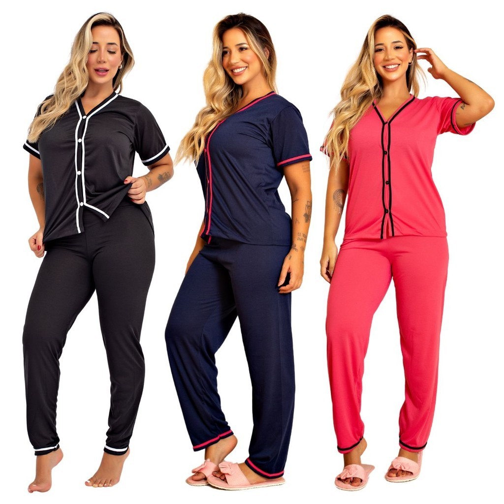 Kit 3 Pijama Longo Americano Malha Manga Curta Blogueira