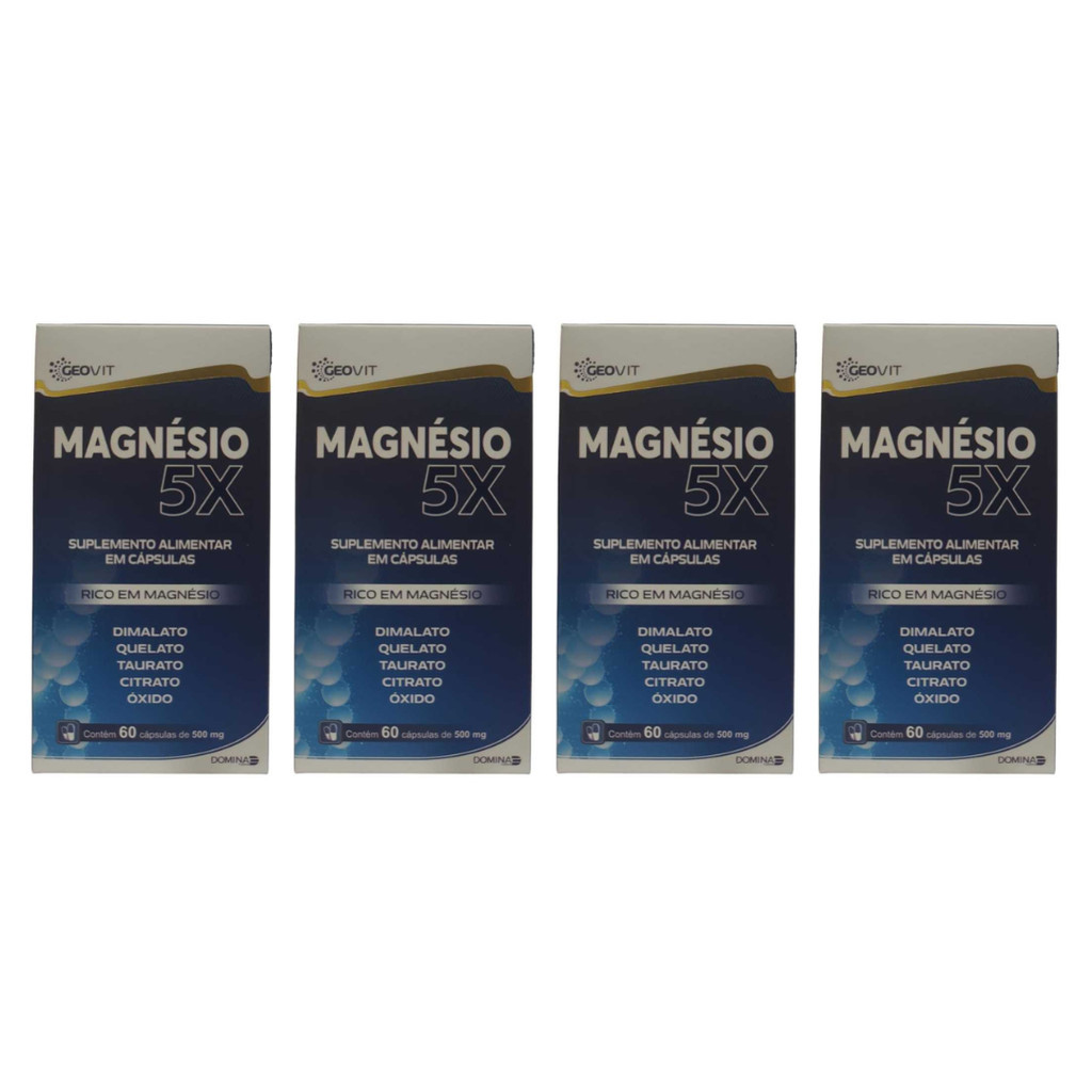 Kit 4x Magnésio 5 em 1 500mg com 60 cápsulas (Dimalato + Quelato + Taurato + Citrato + Óxido) Produto original 5 em 1