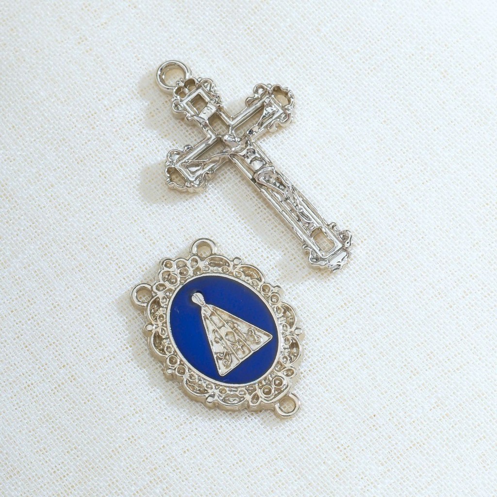 5 Entremeios Para Terço + 5 Crucifixos Prata Nossa Senhora Aparecida Azul Alta Qualidade