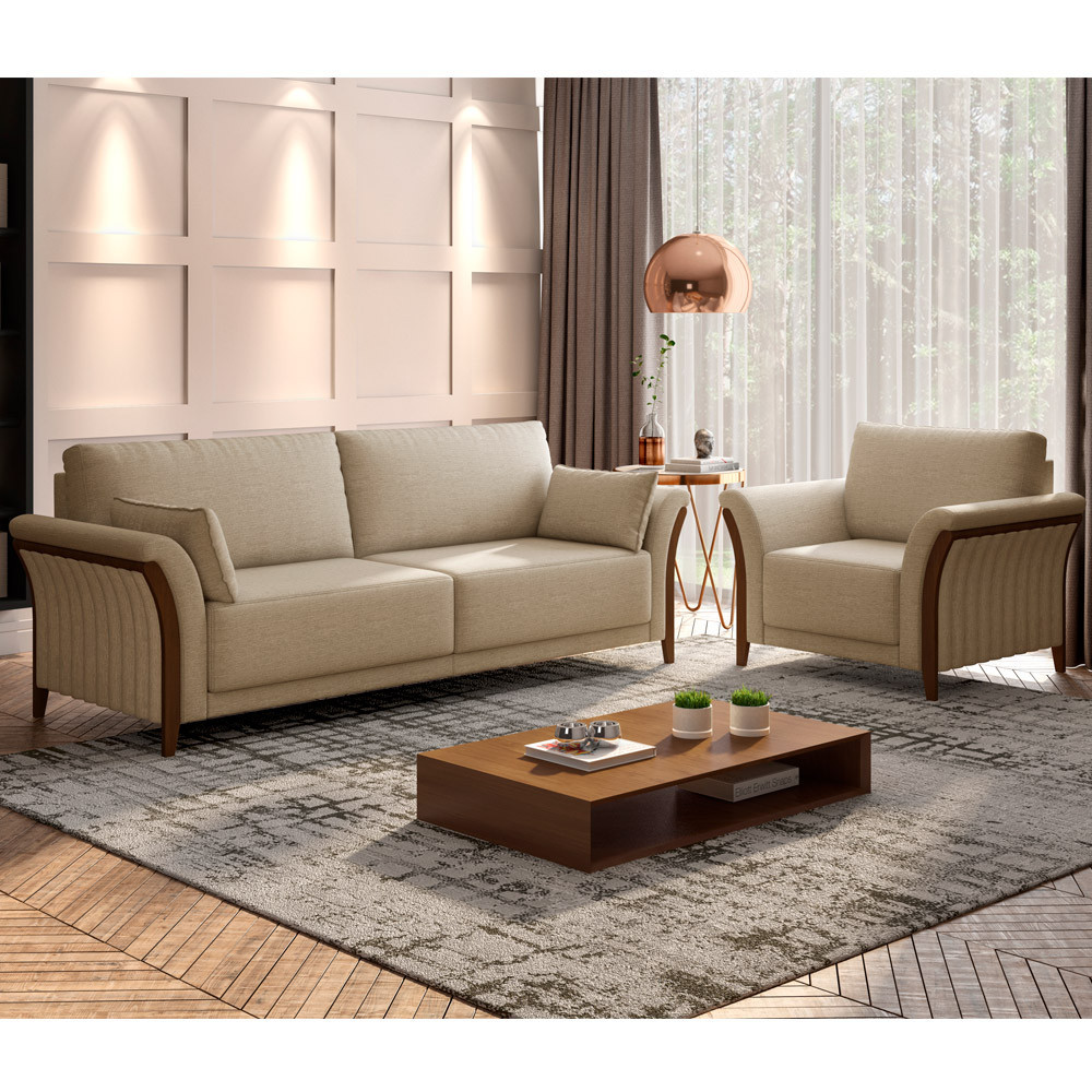 Kit Sofá 3 Lugares Sala Estar 222 Com Poltrona Stefan Pés Madeira M03 Linho Bege Escuro - Lyam Decor