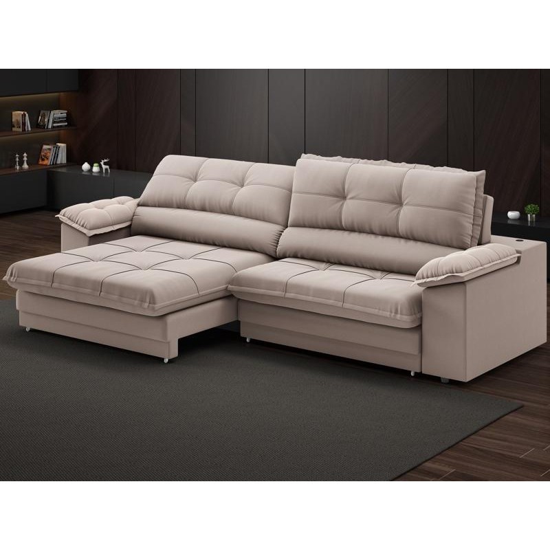 Sofá com Carregador USB Retrátil Reclinável Montreal 2,90m Velosuede Bege - NETSOFAS