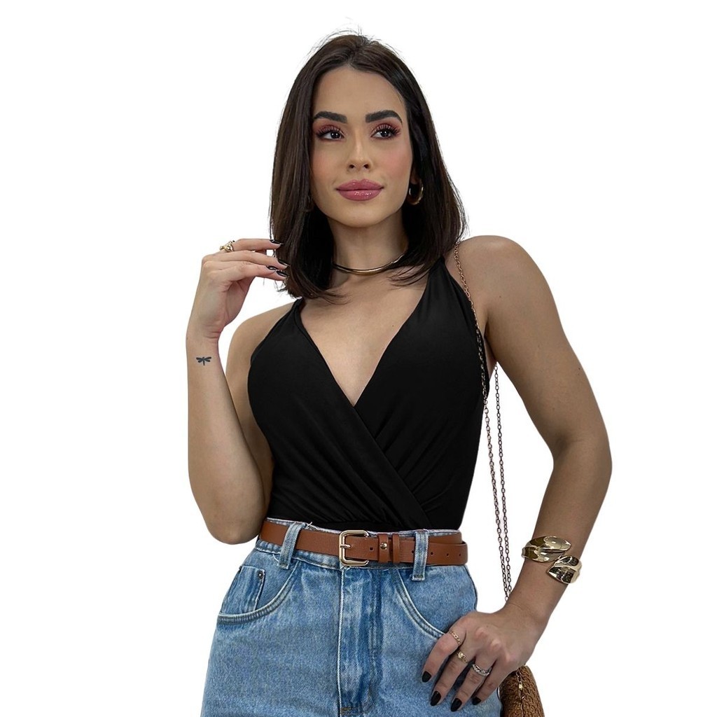 Body Blusa Social Decotada Frente Transpassada Regata Marquezine