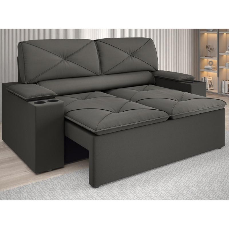 Sofá com Porta Copos Retrátil e Reclinável Pop 1,54m Velosuede Cinza - NETSOFAS em Oferta na Shopee