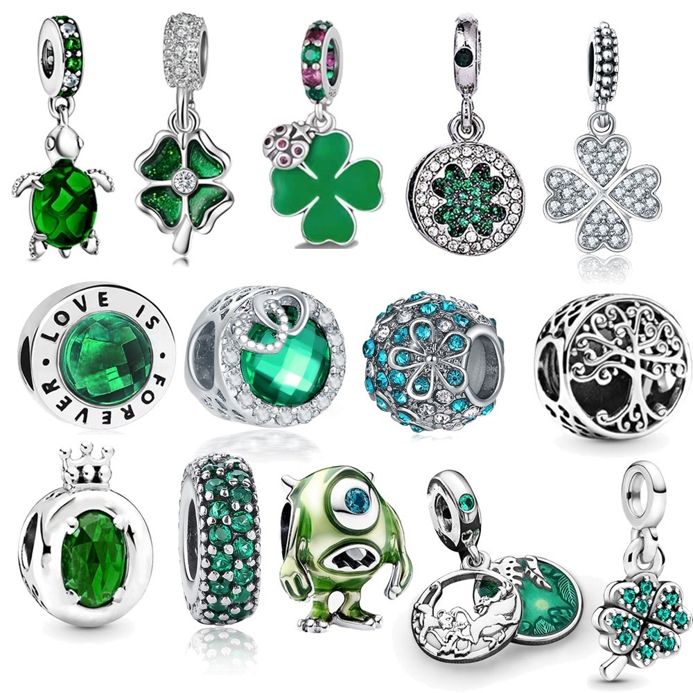 Berloque Separador Trevo  Série Cristal Verde Trinkets DIY Acessórios Árvore da Vida Charme Prata 925 Pingente Pulseira