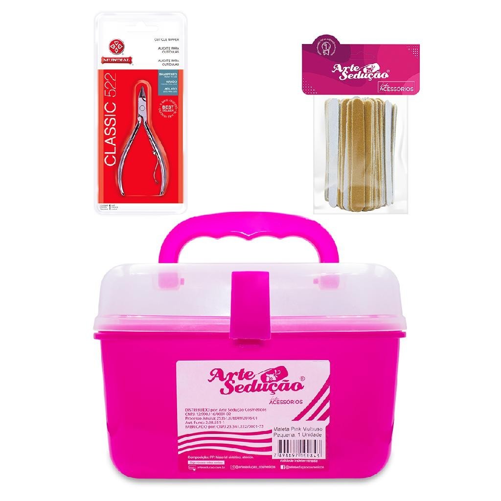 Kit Maleta Multiuso + Alicate Cutícula 522 + 100 Mini Lixa Manicure Domicílio Unhas Salão Esmaltes