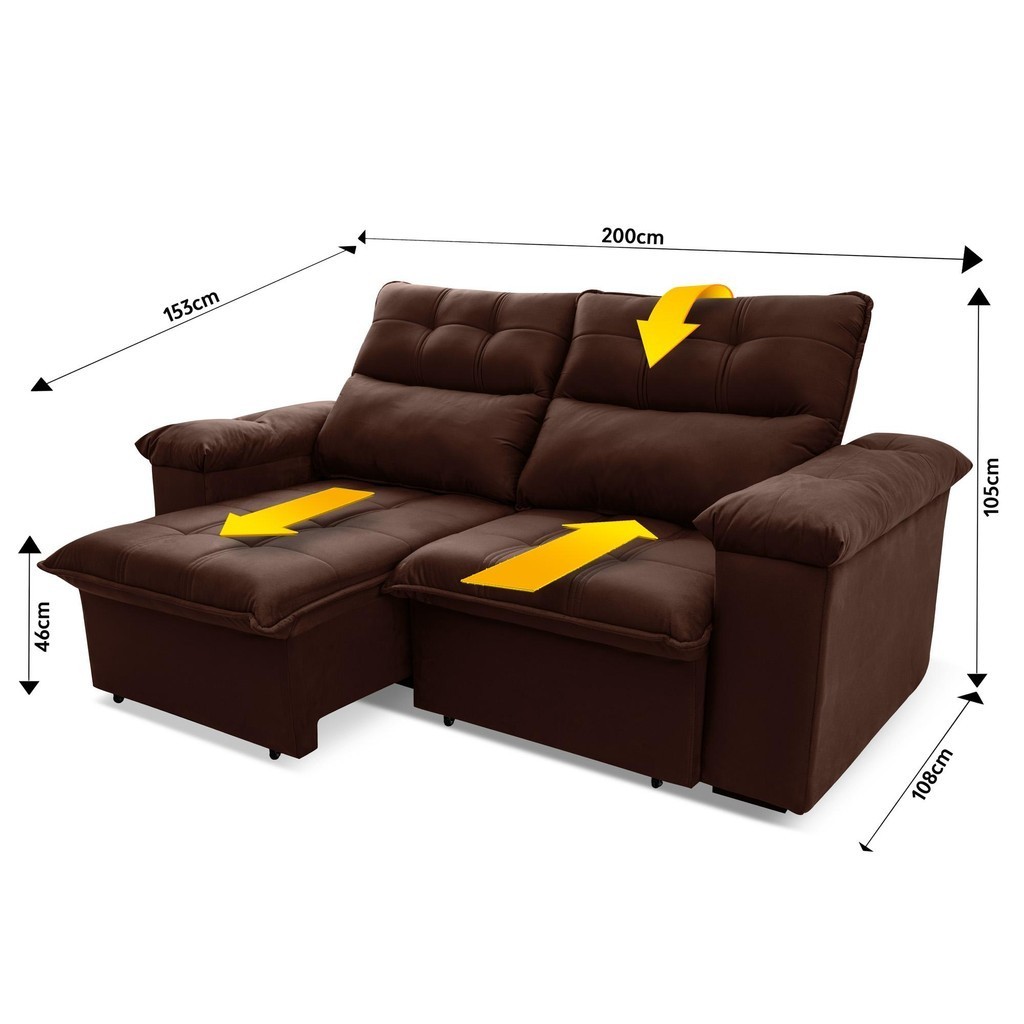 Sofá Retrátil Reclinável Verona 2,00m Suede Velut Marrom Molas Ensacadas - King House