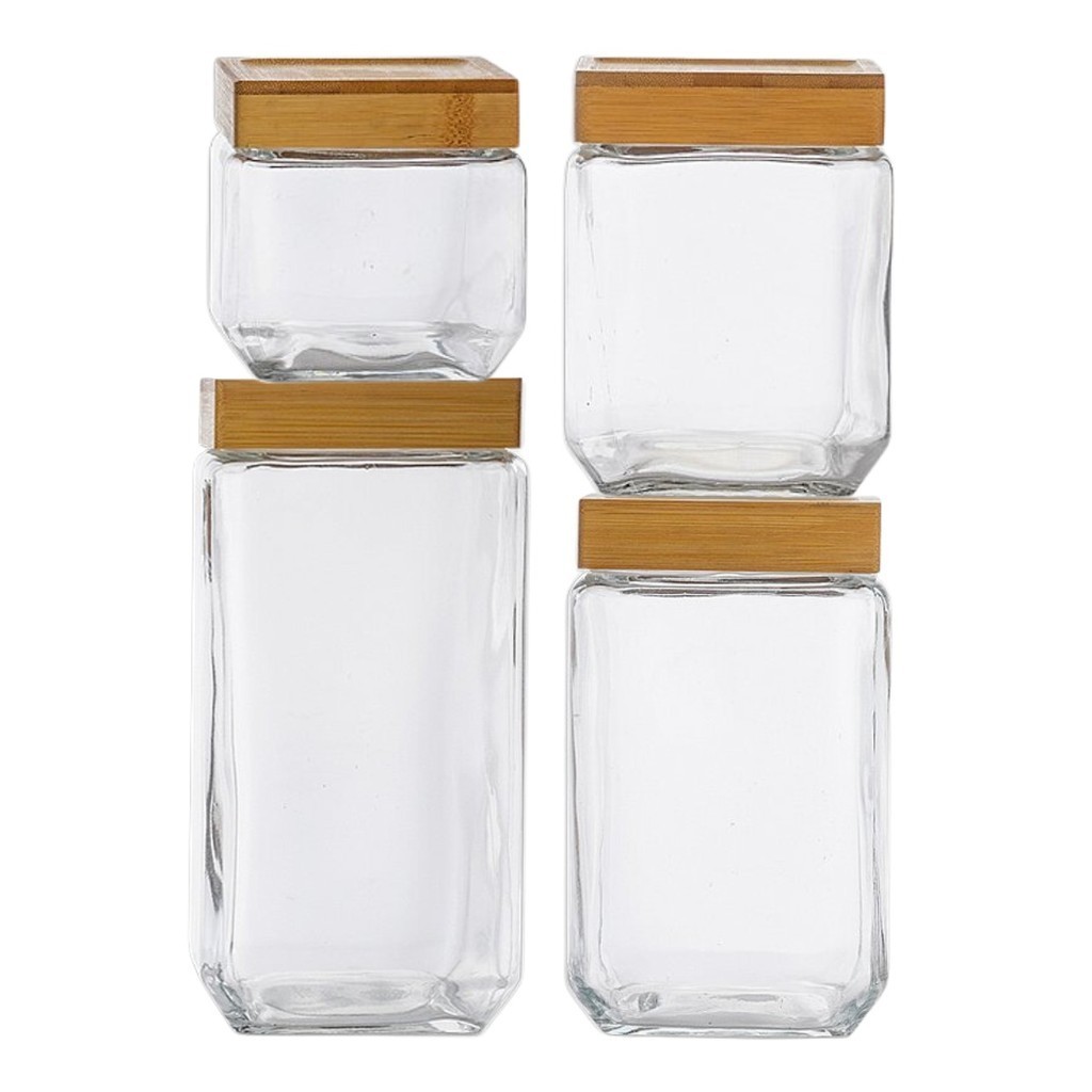 Kit 4 Pote Porta Mantimento Vidro Quadrado Tampa Bambu Moderno P M G GG Cozinha Luxo - Le Bianco