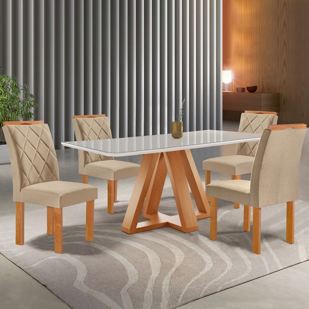Mesa de Jantar 4 Lugares Kyra/Arthus com Vidro Cinamomo/Off White/Suede Cru - Cel Móveis em Oferta na Shopee