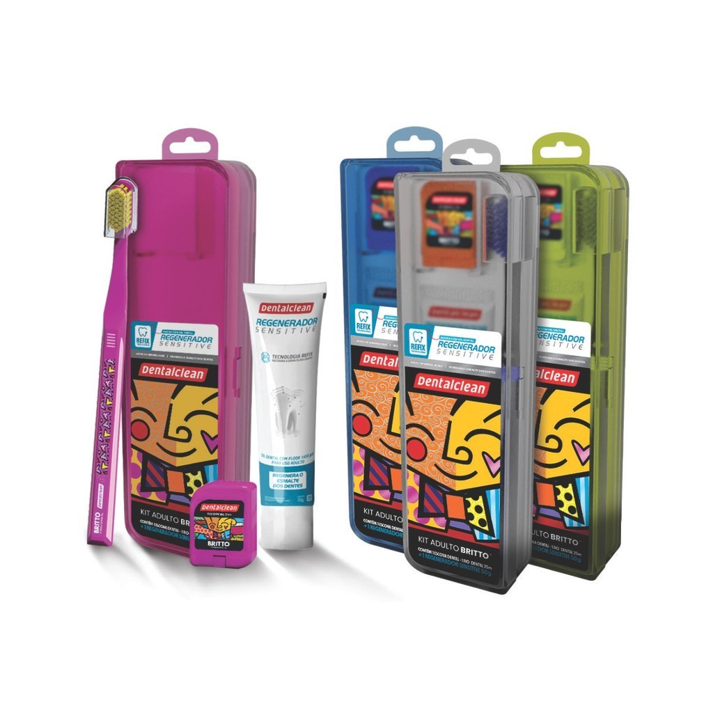KIT DENTALCLEAN ROMERO BRITTO ESCOVA ULTRA MACIA + ESTOJO + FIO E CREME DENTAL COLECIONÁVEIS