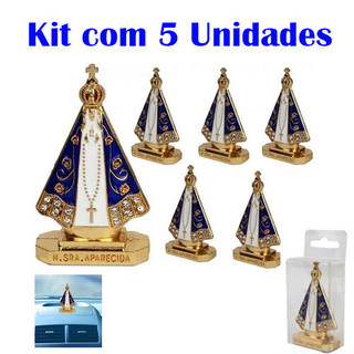 Miniatura Nossa Senhora Aparecida Metal Carro Escritório Kit 5 Unidades Dourada