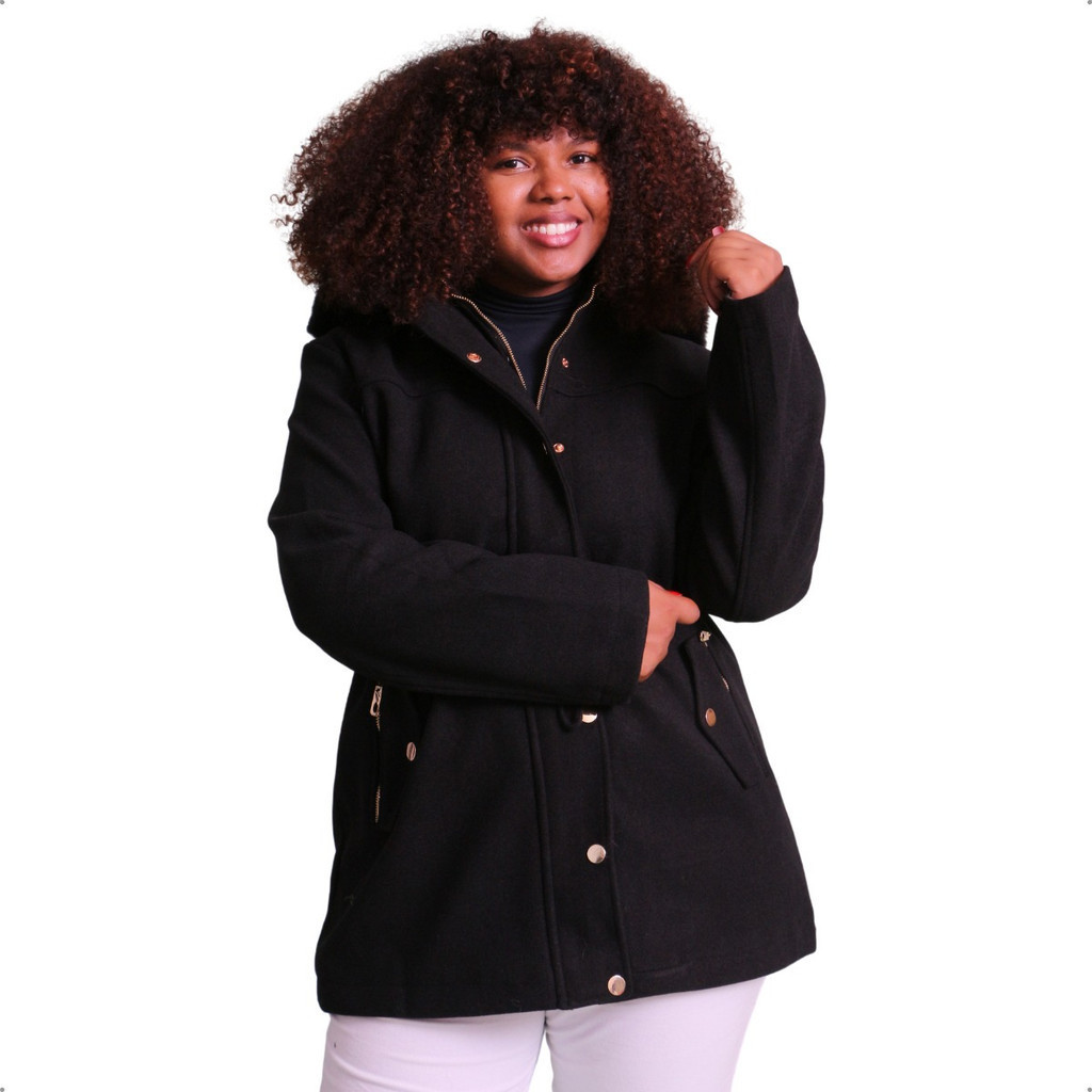 Jaqueta Parka Feminina Plus Size Lã Batida Blusa de Frio Com Touca E Bolso Tecido Grosso Tamanho Grande Preto Laranja G3