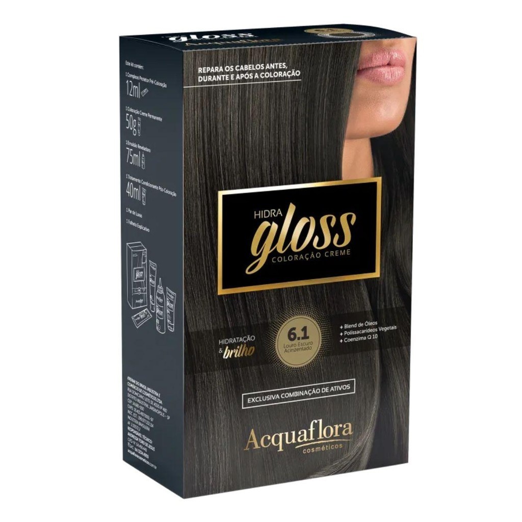 COLORAÇÃO CREME ACQUAFLORA KIT HIDRA GLOSS 6.1 LOURO ESCURO ACINZENTADO