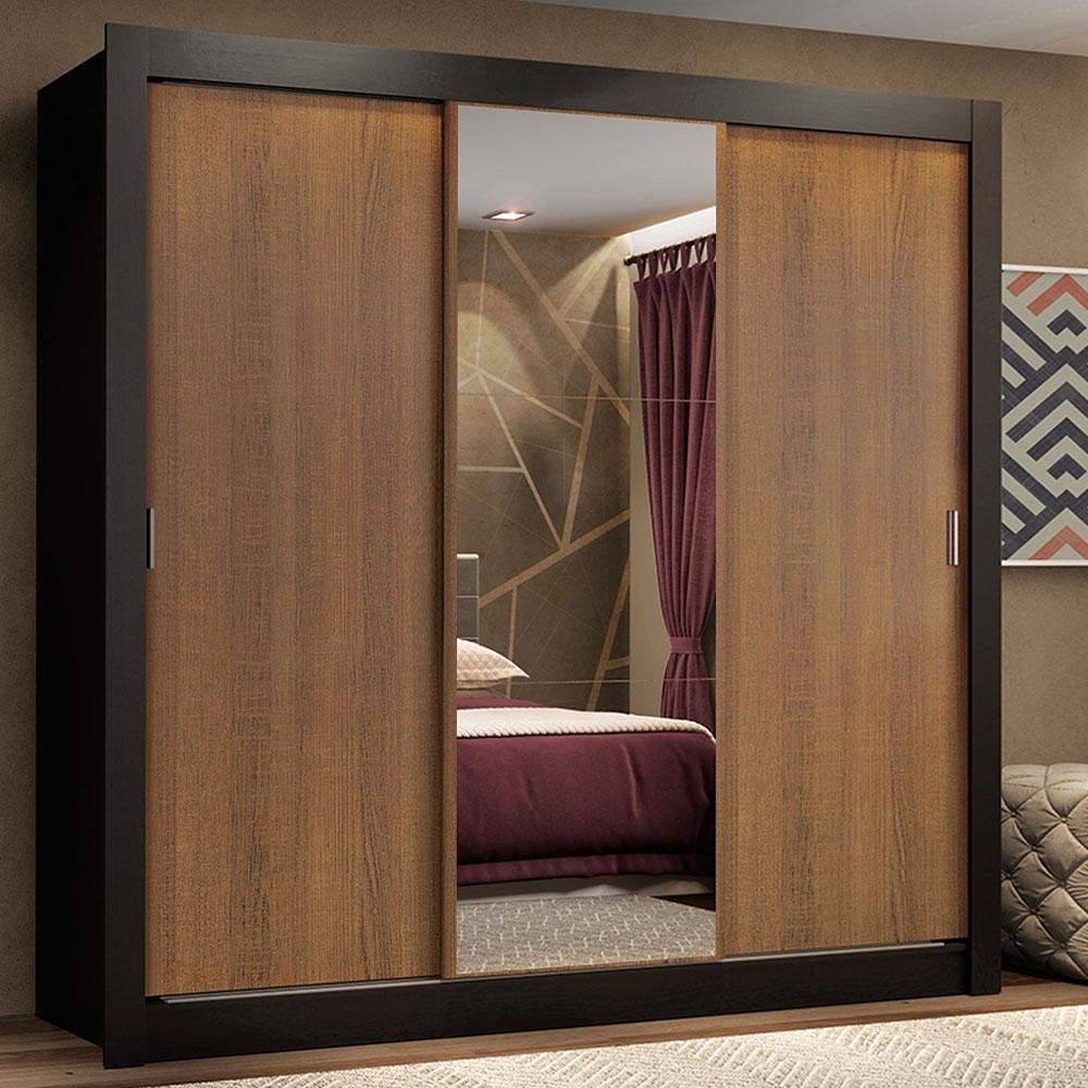 Guarda Roupa Casal Madesa Lyon Plus 3 Portas de Correr com Espelho 4 Gavetas