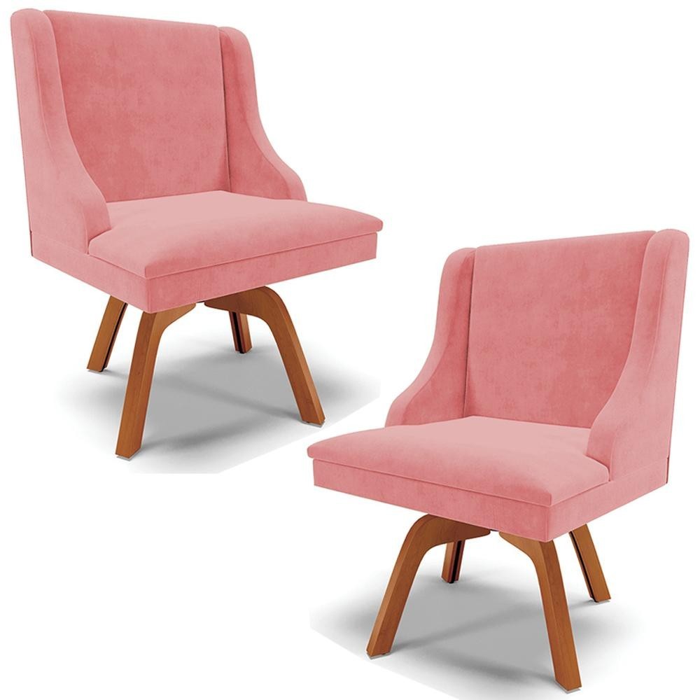 Imagem Kit 2 Cadeiras Decorativas Sala de Jantar Base Giratória de Madeira Firenze Suede Rosê/Natural G19 - Gran Belo