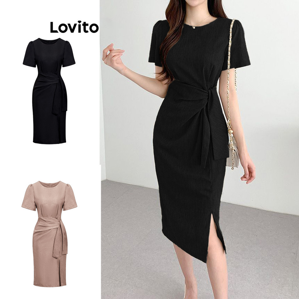 (Trendy) Lovito Vestido Casual Liso Com Nó Frontal Dividido Para Mulheres L80ED307 (Multicolorido) em Oferta na Shopee