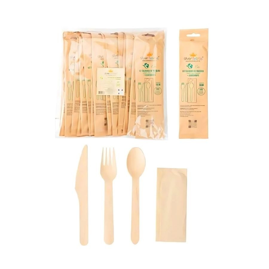 Kit Talher De Madeira Com Garfo, Faca, Colher e Guardanapo - 16cm - 20 un - Silver Festas - Rizzo