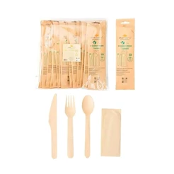 Kit Talher De Madeira Com Garfo, Faca, Colher e Guardanapo - 16cm - 20 un - Silver Festas - Rizzo