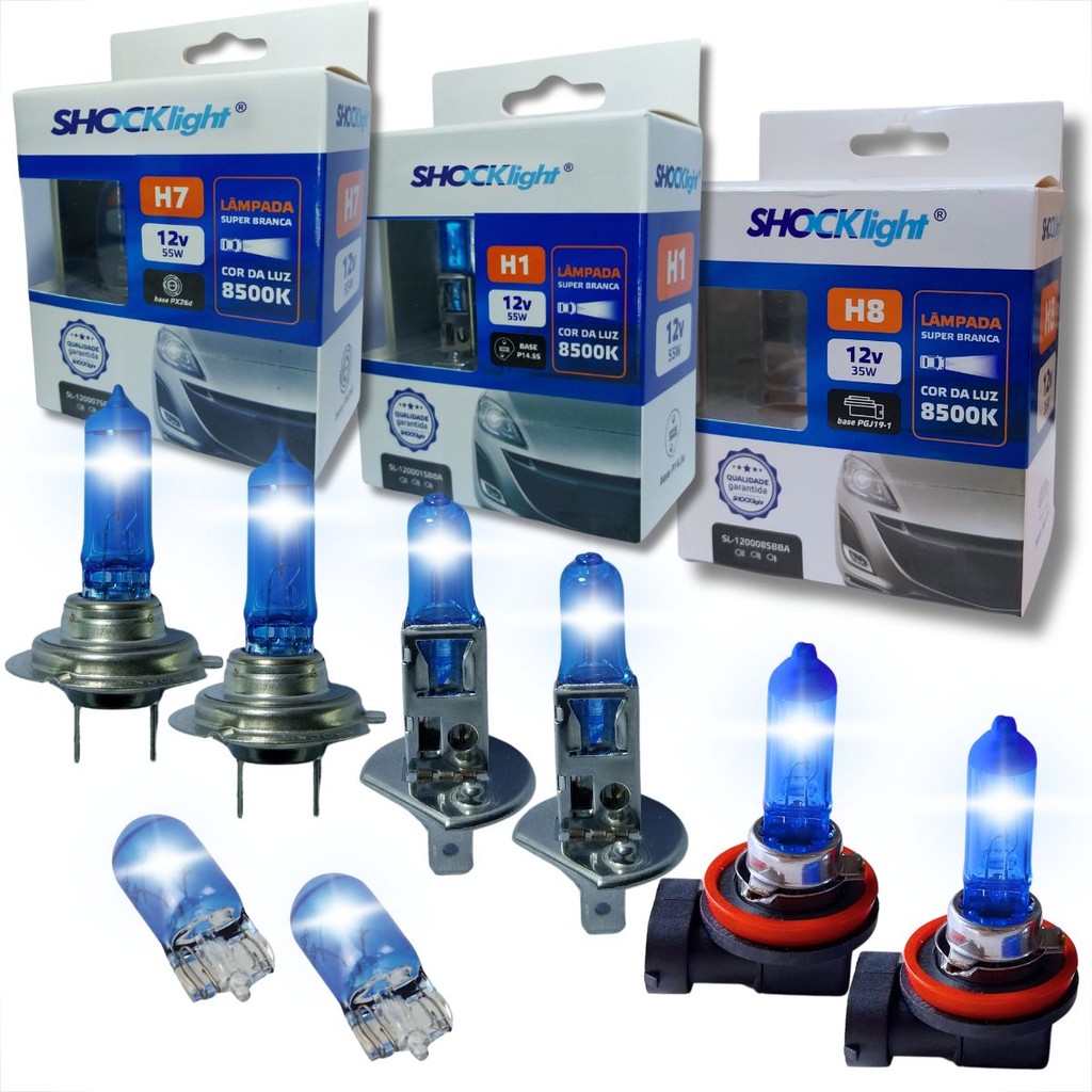 KIT PAR LÂMPADAS PARA FAROL ALTO BAIXO MILHA E LANTERNA H1 H7 H8 E T10 SUPER BRANCO SHOCKLIGHT DUPLO FOCO em Oferta na Shopee