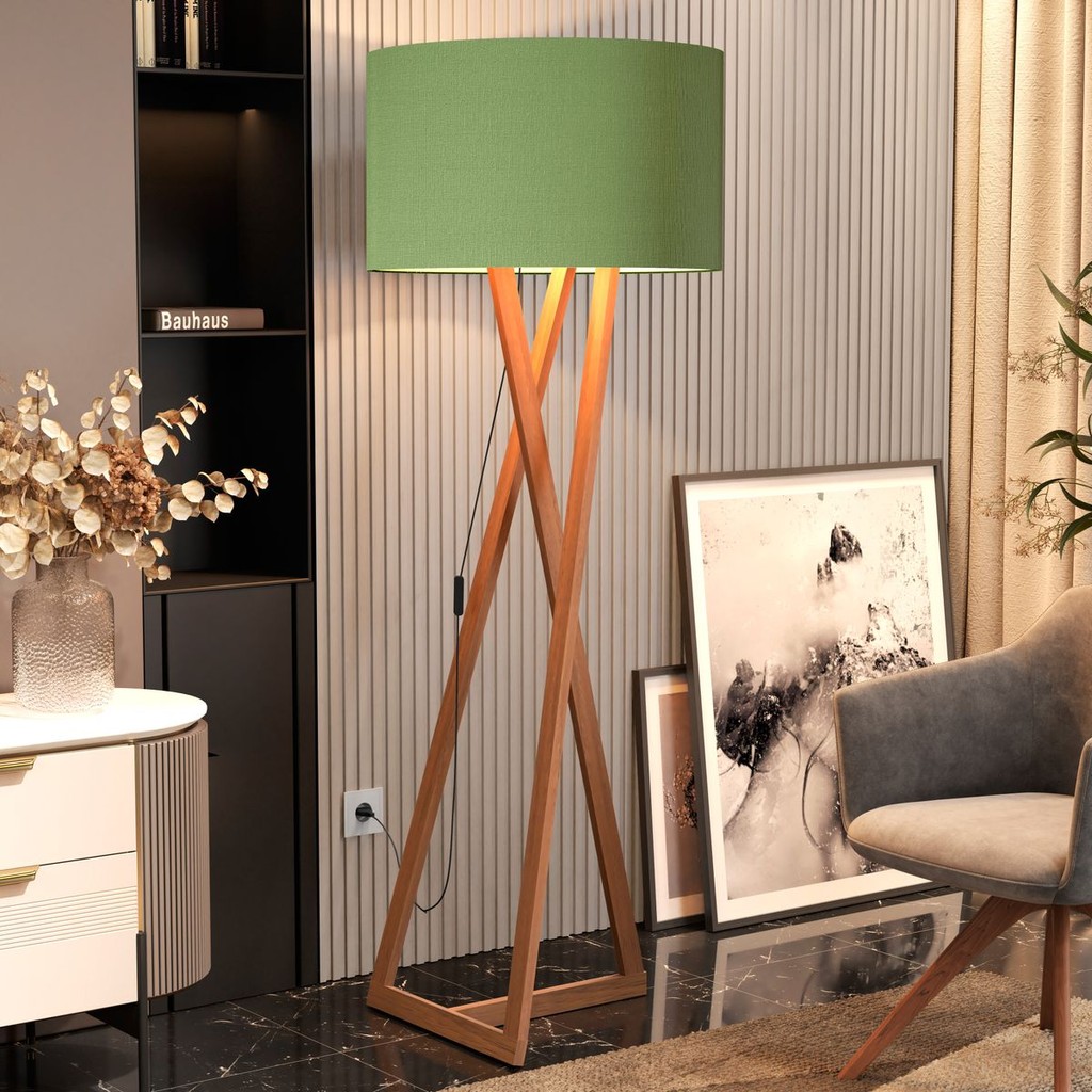 Luminária de Chão Tripé Madeira com Cúpula Verde Sala Quarto Escritório Decorativa Sofisticado