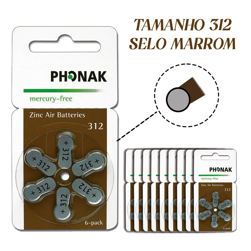 60 Pilhas/Baterias PHONAK para Aparelho Auditivo - tamanho 312 - SELO MARROM em Oferta na Shopee
