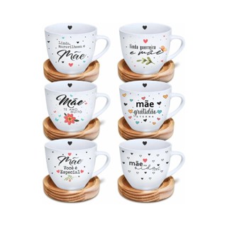 Conjunto Dia das Mães 6 Xícaras 170 ML com Pires de Madeira