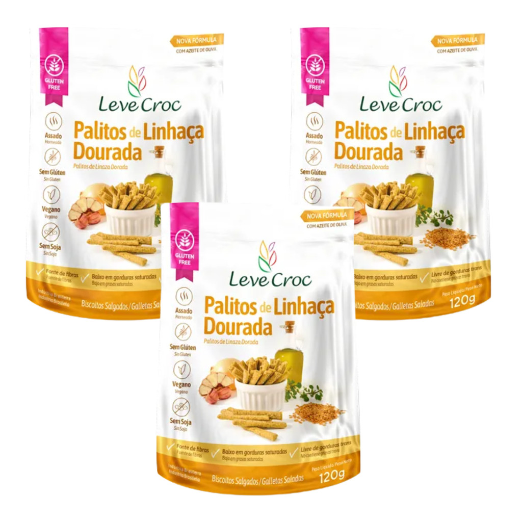 Kit 3 Biscoito Palito Salgado Linhaça Dourada 120g Leve Croc