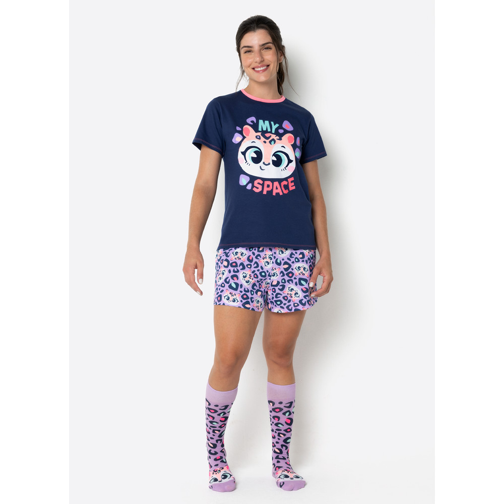 Pijama Manga Curta Algodão Feminino Onça - Puket em Oferta na Shopee