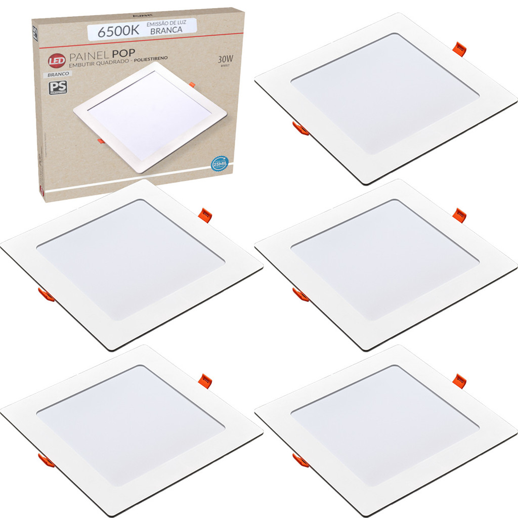 Kit 5 Luminária Painel Plafon 30W Quadrado Embutir Luz Branco Frio 6500K Bivolt 127v 220v Avant em Oferta na Shopee