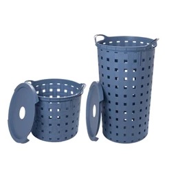 Kit 2 Cestos Organizadores Multiuso Redondos Alças Tampa Azul Lavanderia Banheiro Plasútil